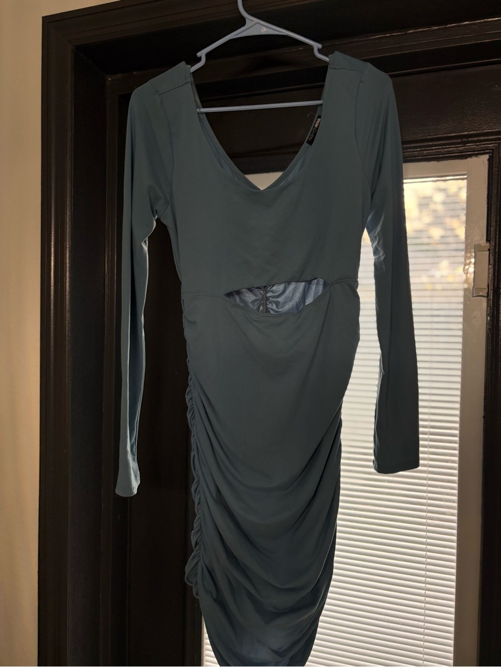 Fashion Nova Teal Long Sleeve Ruched Cutout Dress